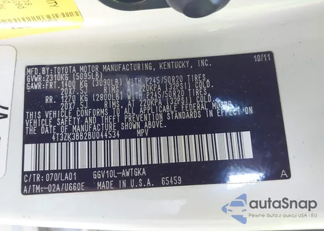 2011 Toyota Venza Base V6 from USA, damaged, VIN 4T3ZK3BB2BU044534